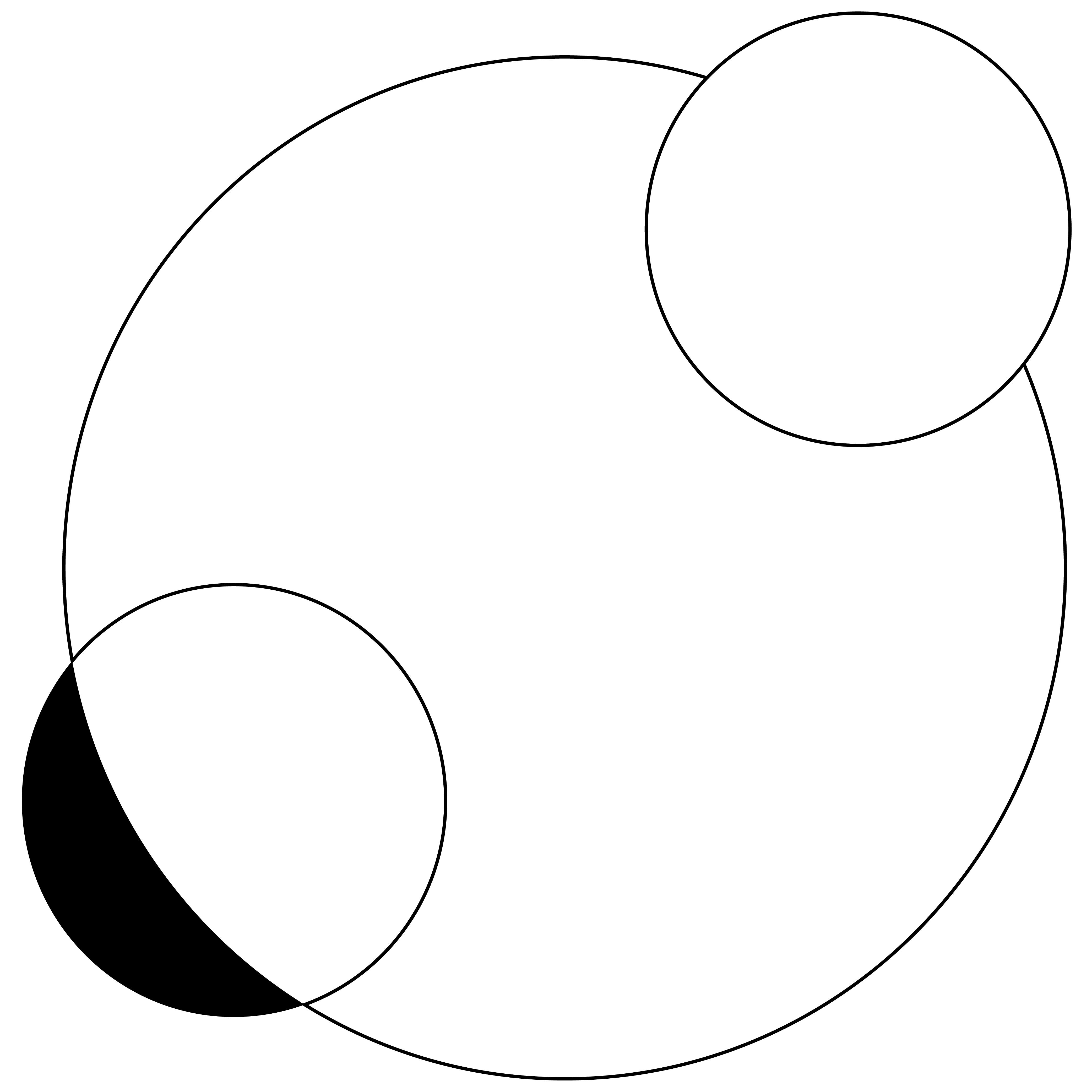 A pair of circles sit diagonally from one another on the edge of a large circle. 1 out of the 2 perimeter circles is both in front of and behind the main circle.