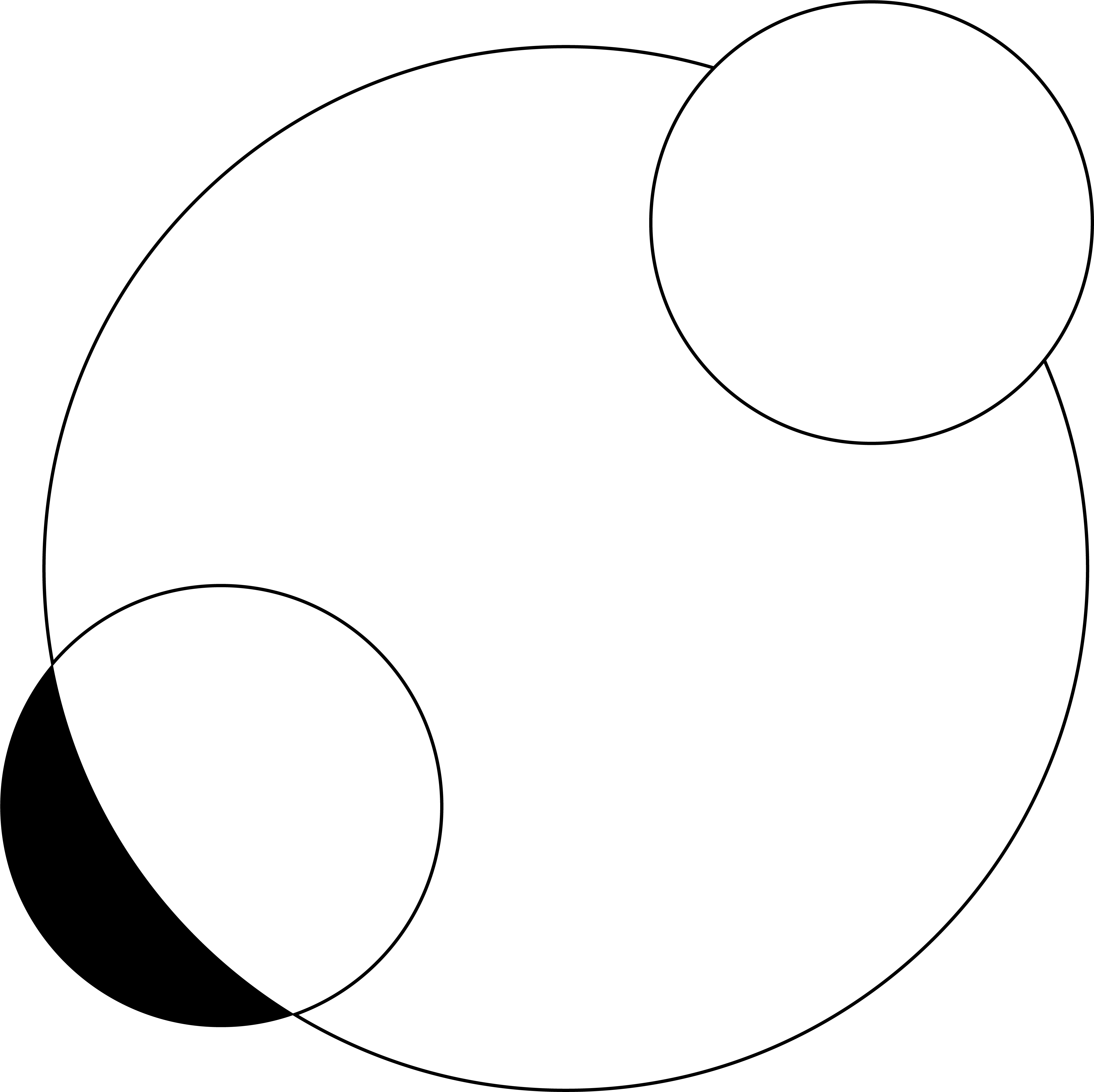 A pair of circles sit diagonally from one another on the edge of a large circle. 1 out of the 2 perimeter circles is both in front of and behind the main circle.