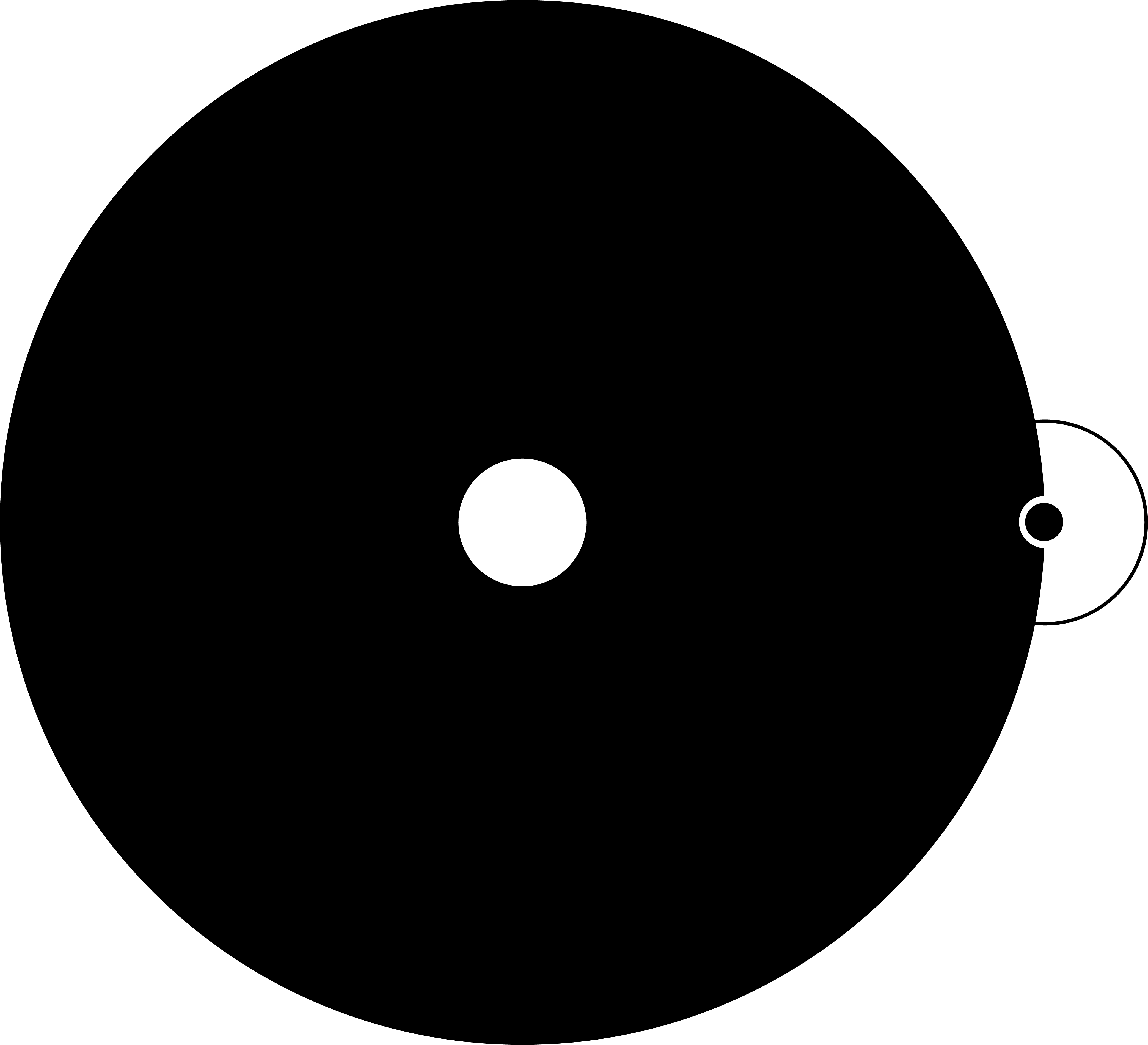 1 large filled circle has an empty cutout in its center. A smaller version of the circle-cutout combo is centered on the right perimeter, with its fill and empty states reversed.