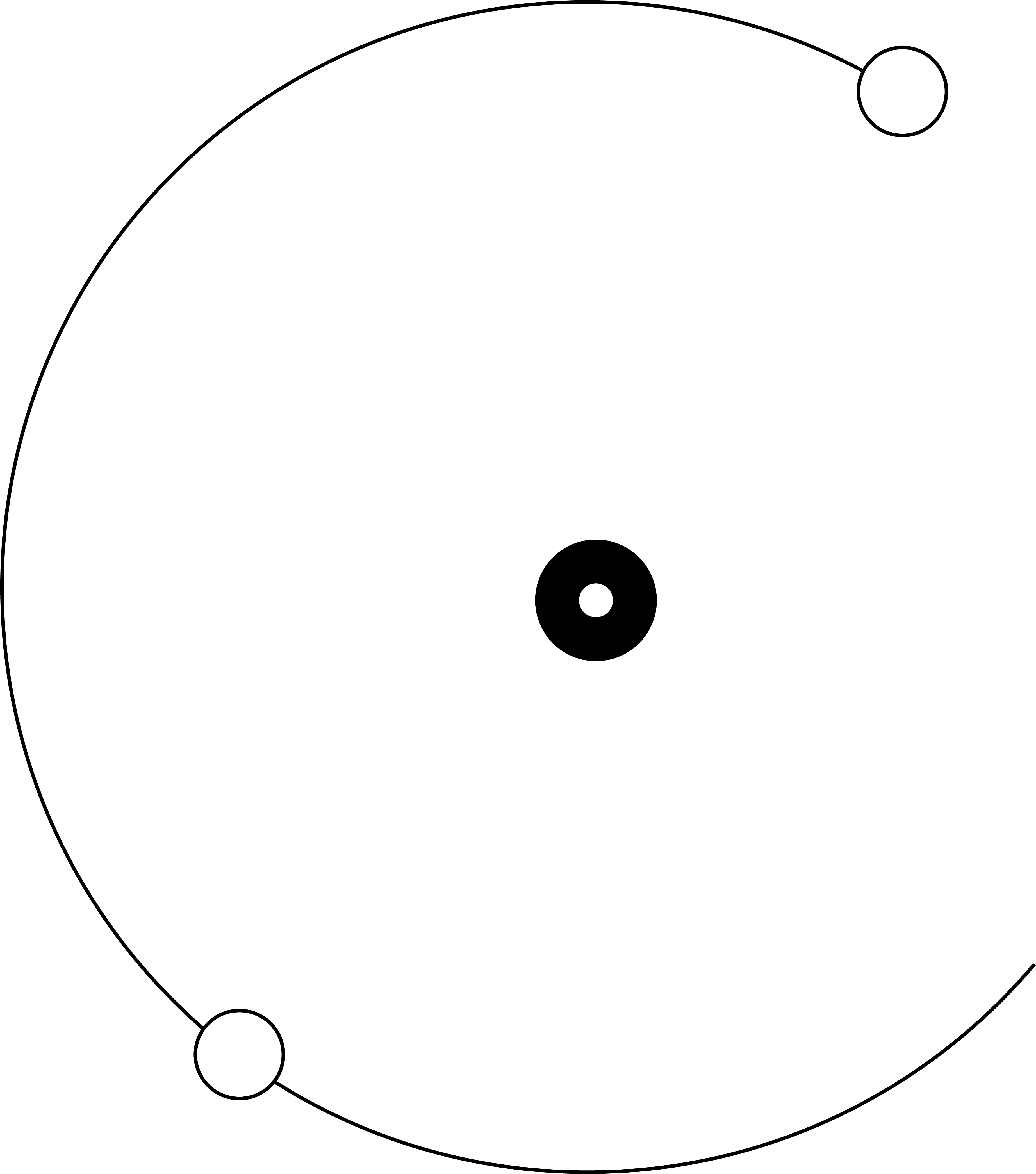 2 empty circles are strung onto an open c-shaped ring. A black circle with a cutout lies in the center.