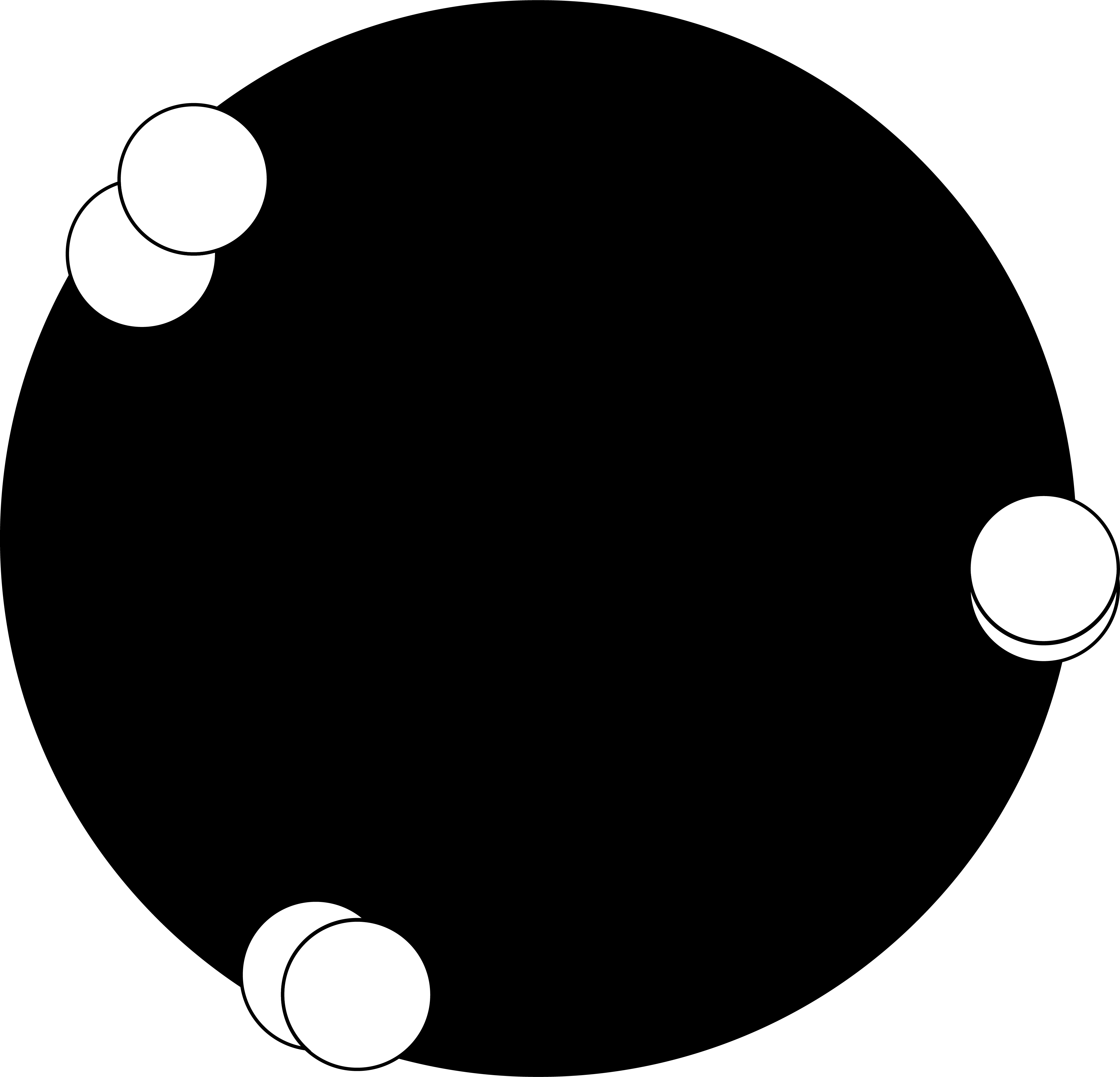 3 pairs of empty circles spin at increasing speeds around the perimeter of 1 large filled circle.