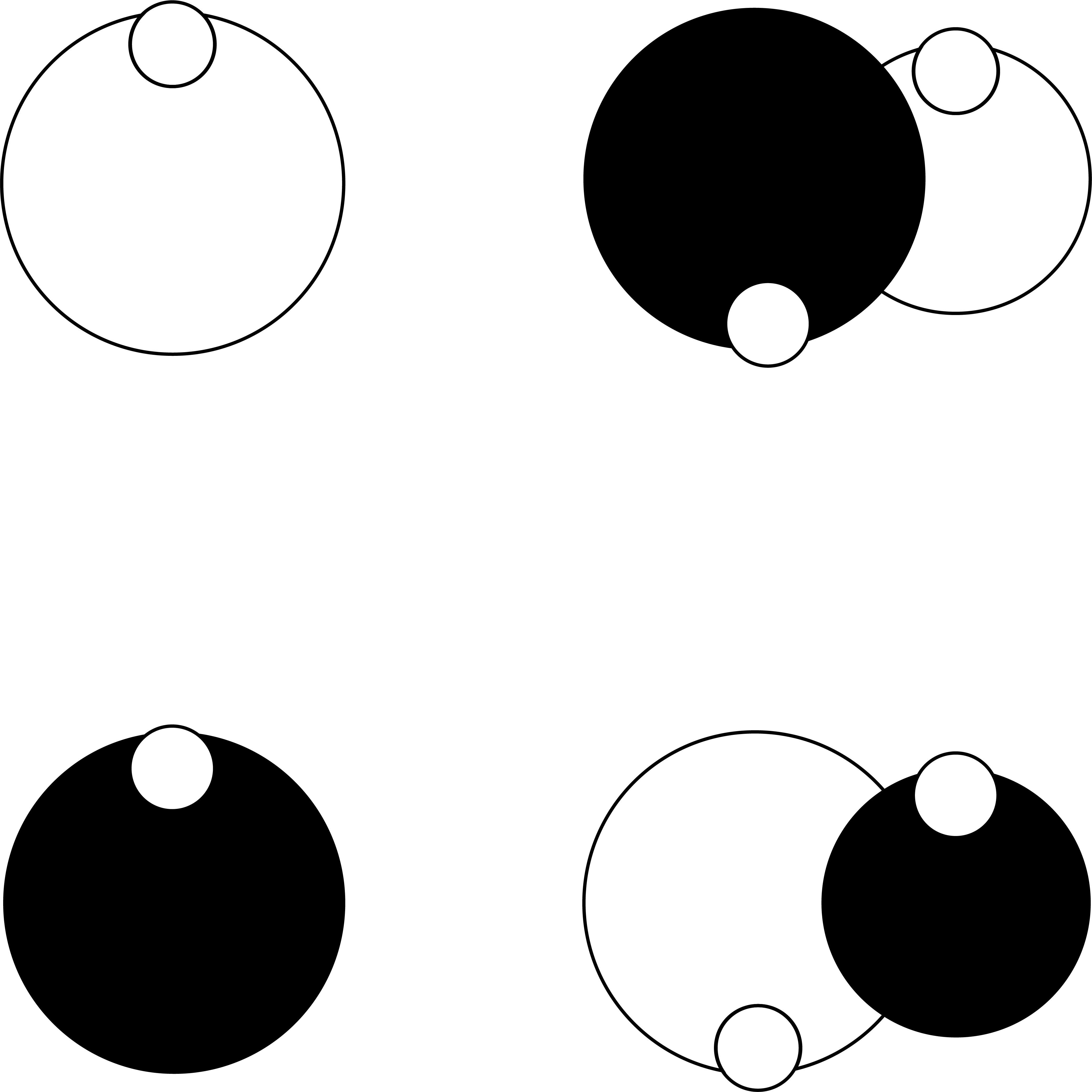 2 horizontal rows are comprised of 3 large circles with their fill and empty states reversed. 6 smaller empty circles rest slightly outside the boundaries of the larger circles, as if moving up and down in a slingshot.
