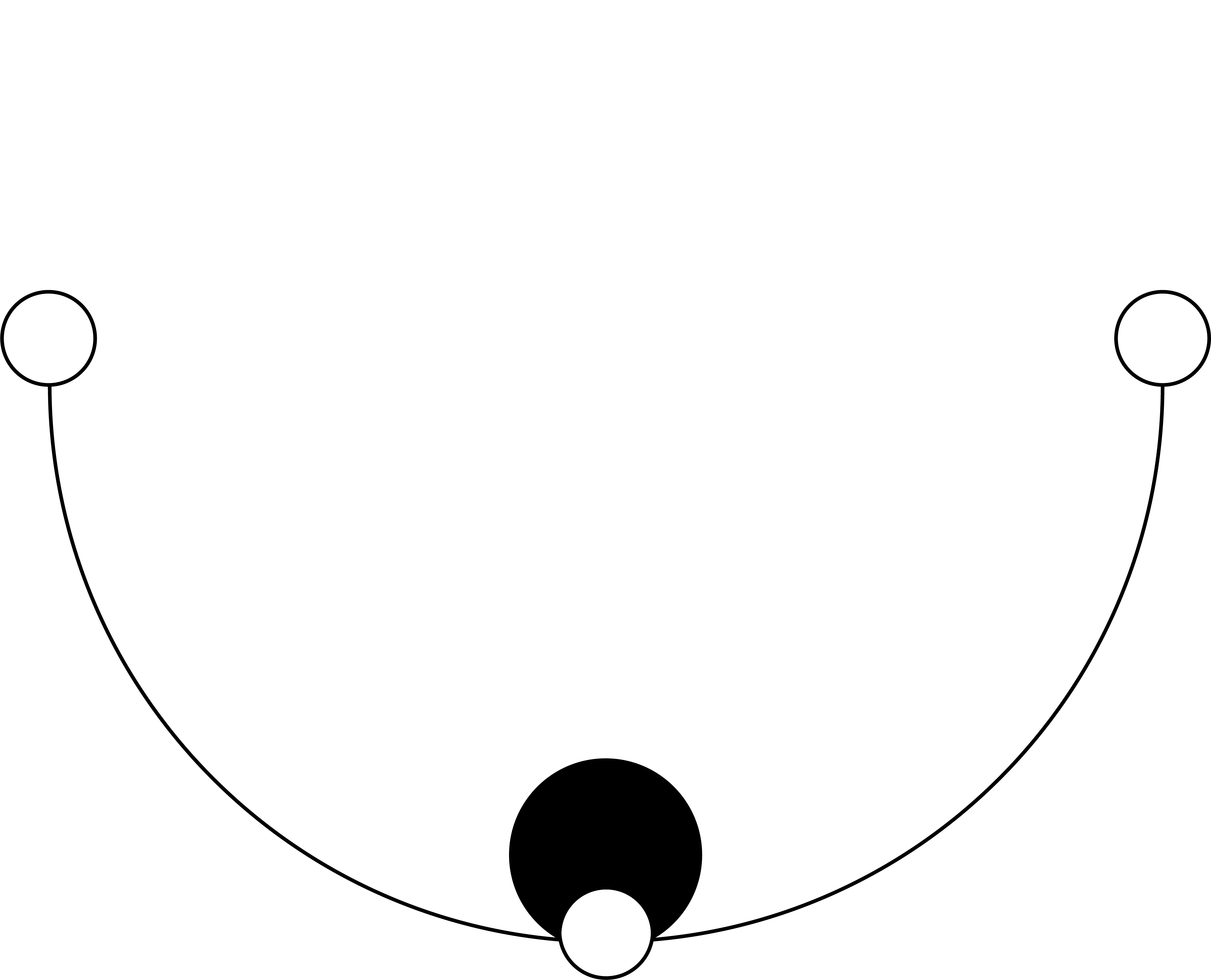 3 open circles are evenly spaced and connected by a semicircular line. A black moon sets behind the center one.