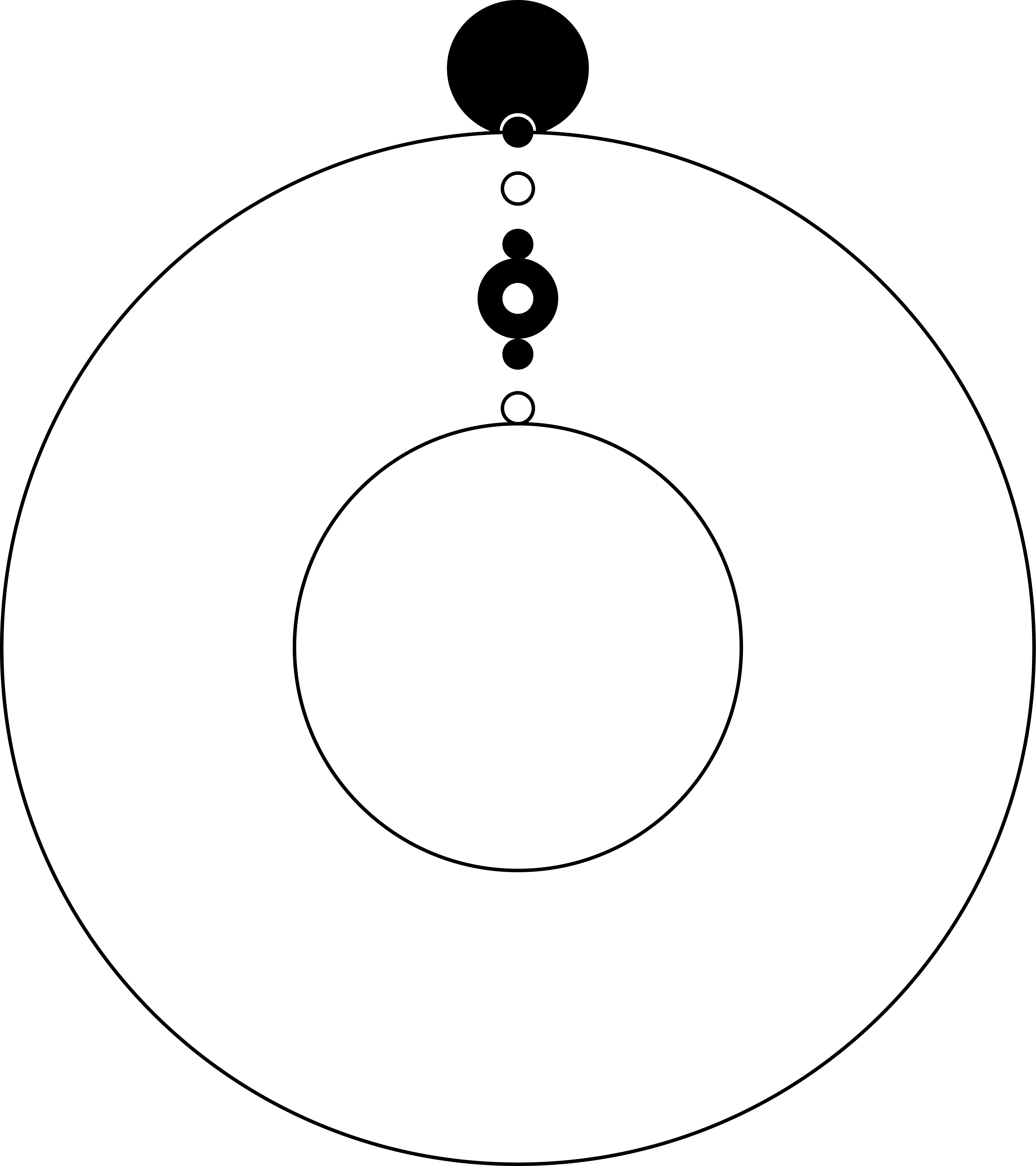 1 filled circle kisses the edge of 2 empty concentric circles. 6 small circles, alternating between empty and filled, flow upwards in a line.