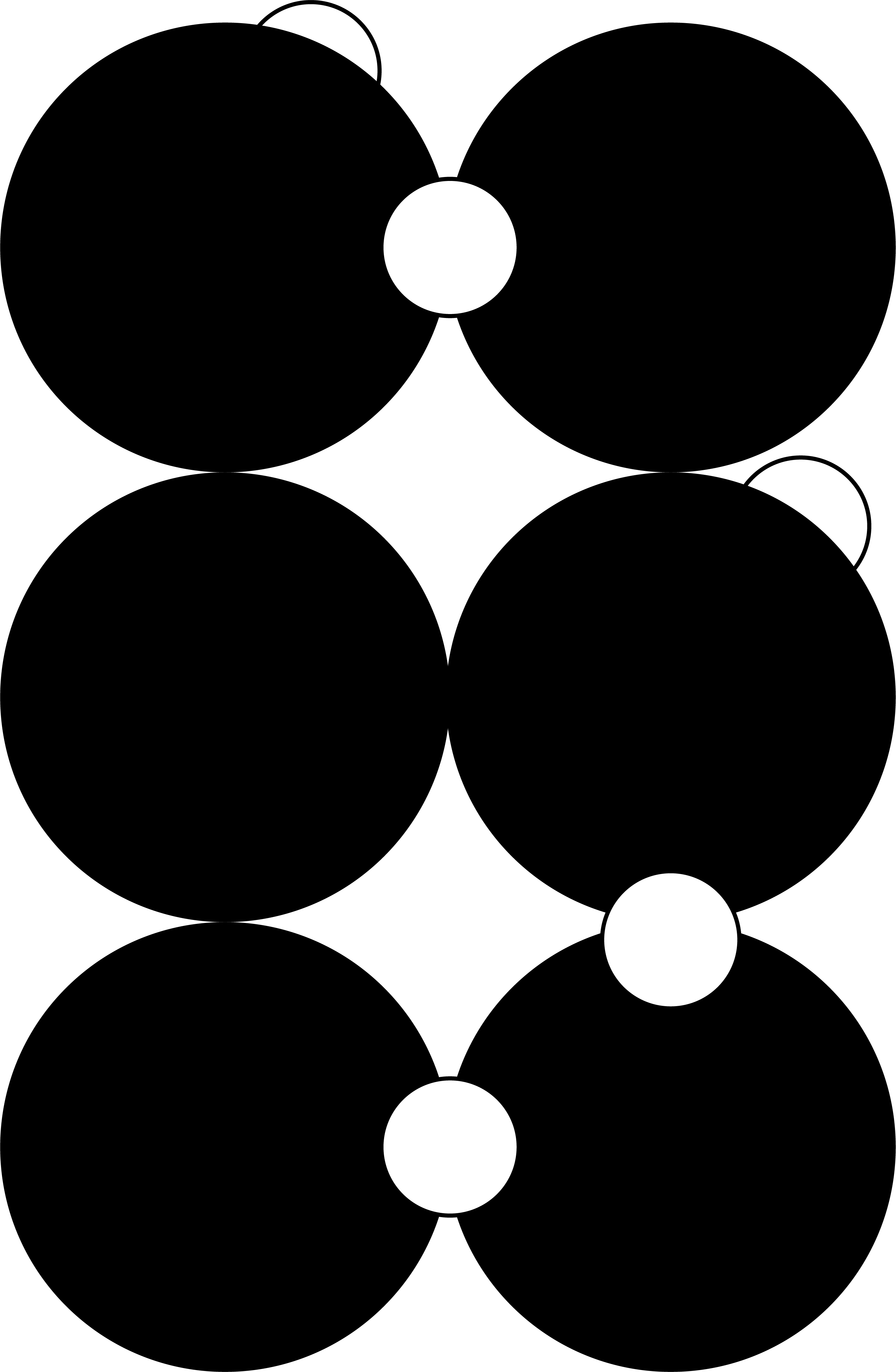 6 filled circles are arranged in 3 rows of 2. 5 empty circles move above and below to form a trail.