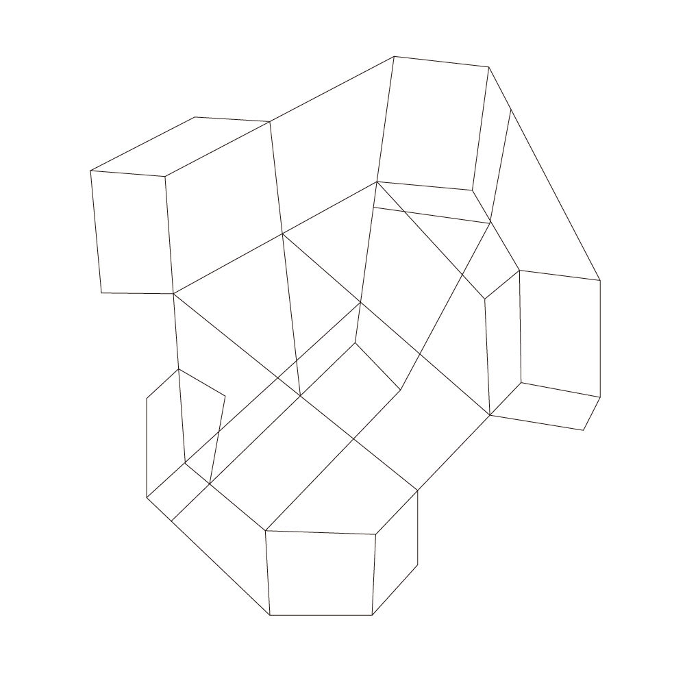 A multidimensional box sits open. Its interior is exposed, revealing a collection of irregular faces that comprise its subdivided surface.