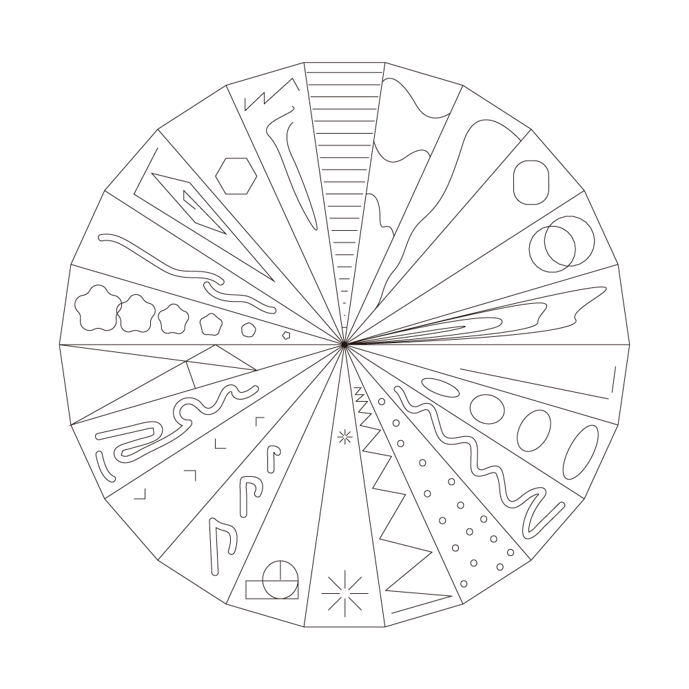 A 22-paneled circle features straight edges and an array of patterns made from lines. The panels are equal in size, and every pattern is unique.