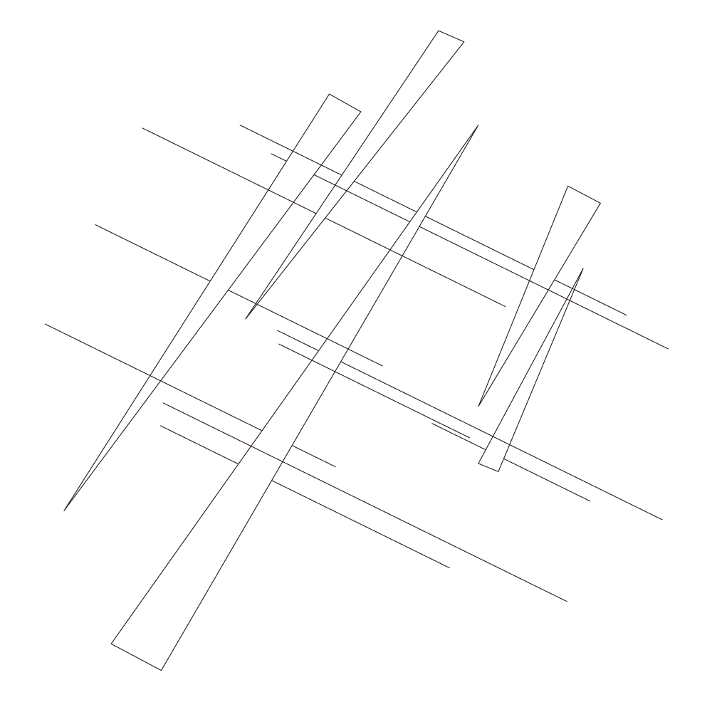 5 lean shards shoot back and forth through an oblique field of lines.