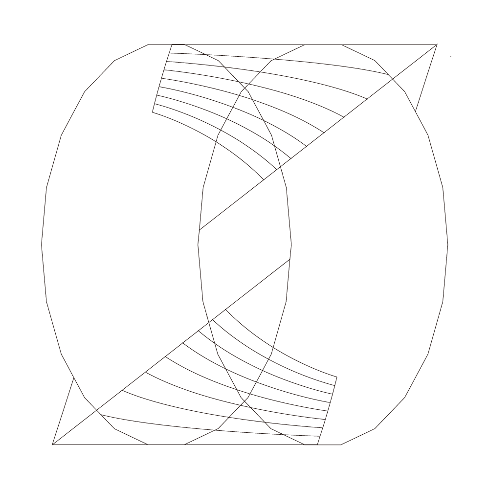 2 upright ovals composed from straight line segments overlap. 2 creased pieces of paper fold over the top and bottom of the ovals from behind.