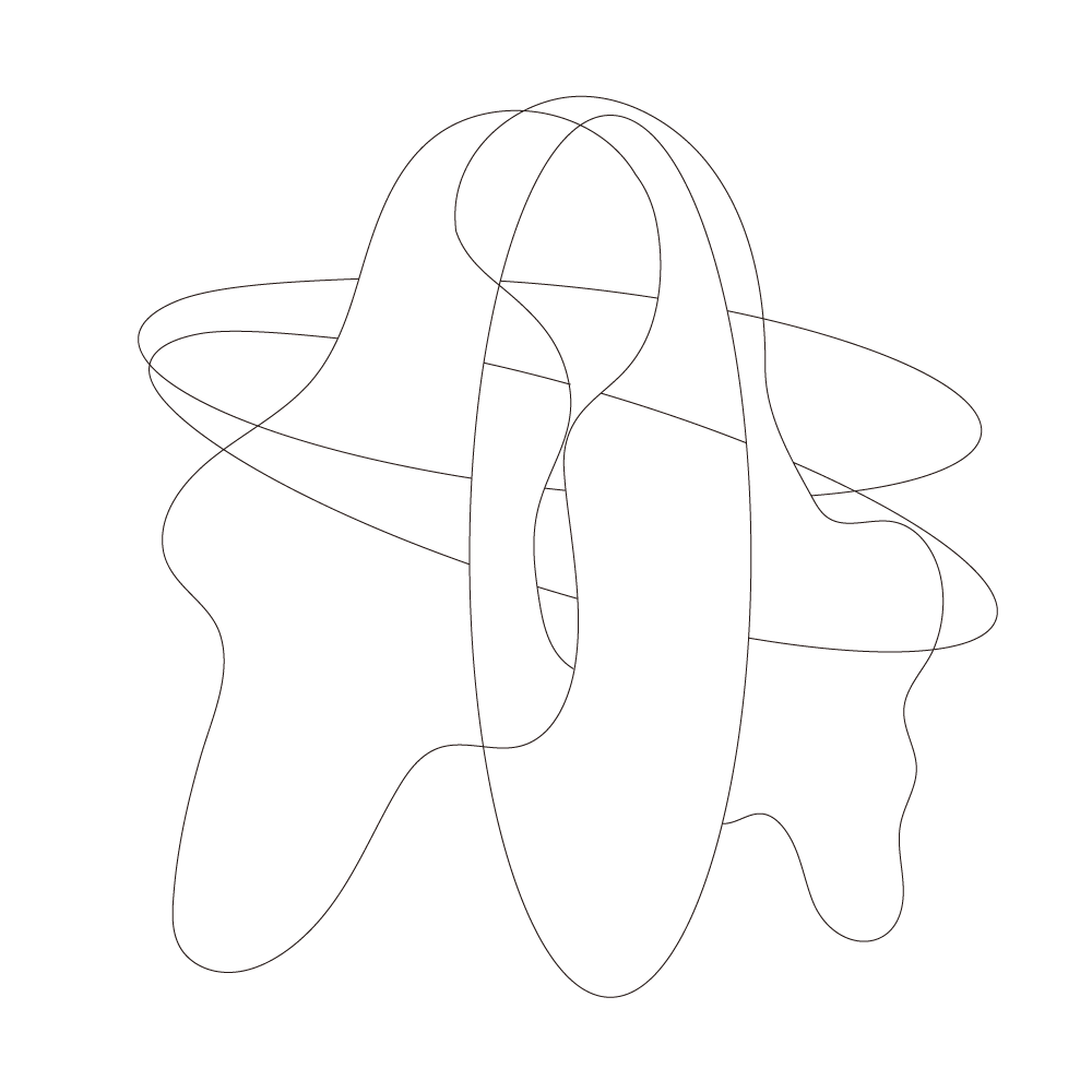 5 dancing discs interlock: 2 ghost-like and wavy discs stand upright, almost like a dress, 2 diagonal discs intersect them, and 1 upright disc stands in the center.