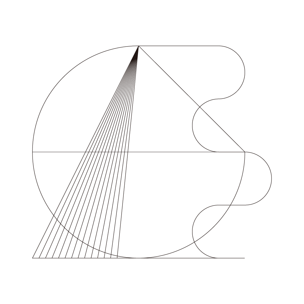A circle, triangle, and line composed of 4 alternating semicircles converge into one. The circle is split in half, the left edge of the triangle fans right from its top point, and the line extends on the right side of the circle.