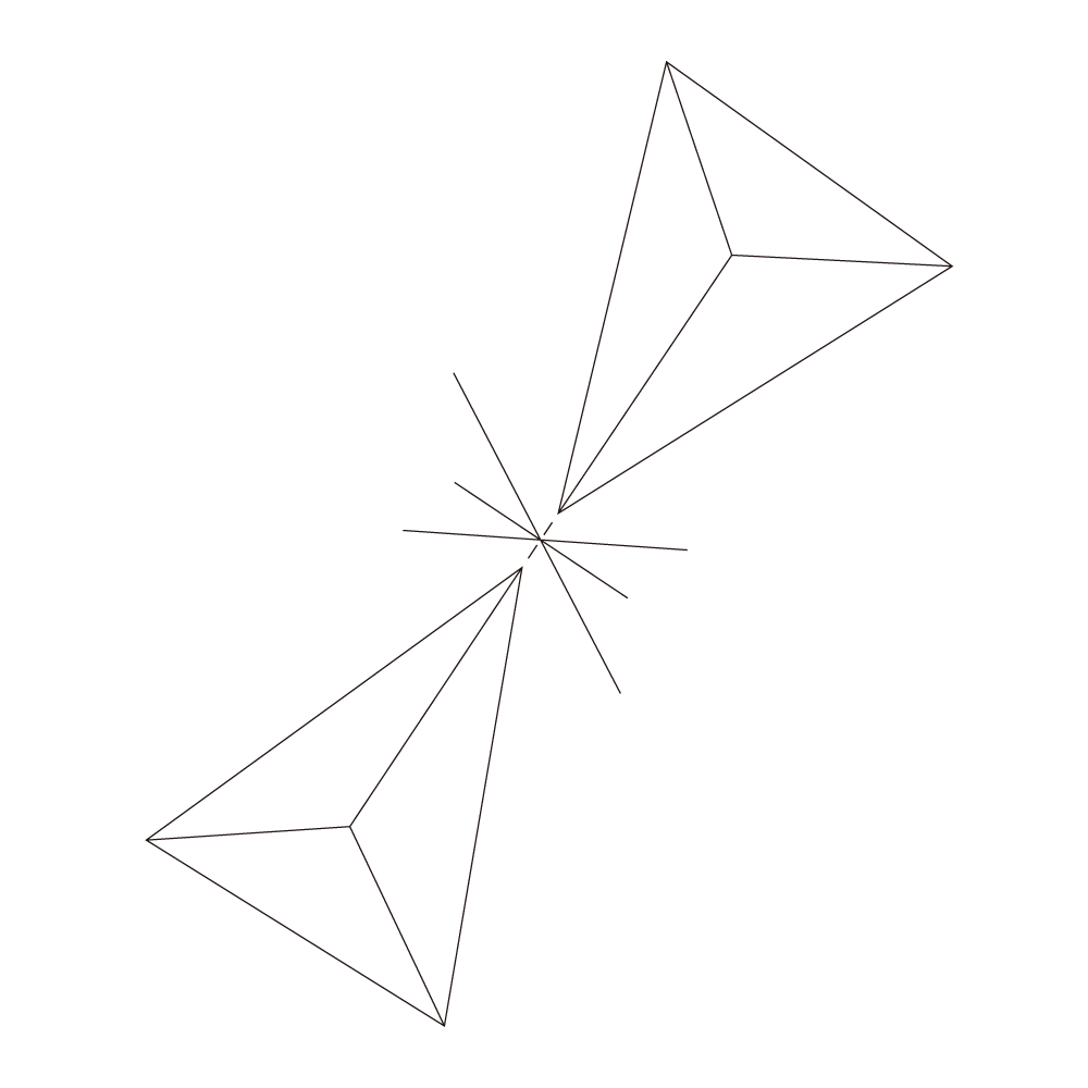 6 beams of light emanate where the top points of 2 isosceles pyramids almost meet. The exchange of energy is indicated by a dashed line between the pyramid peaks.