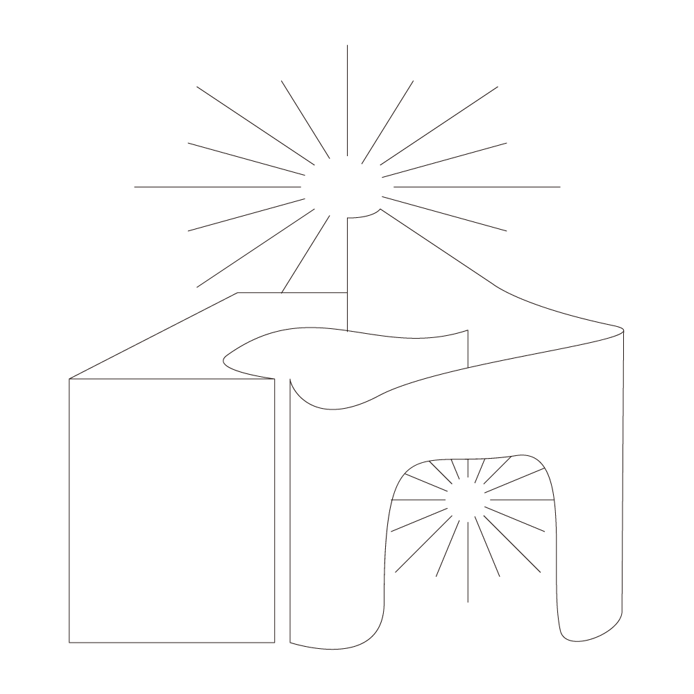 2 starbursts shine in a house made from felt. 1 peeks through an arched opening in the wall, and the other beams above like a star atop a tree.
