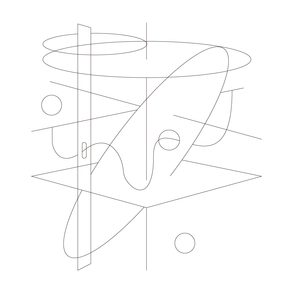 A playground of shapes is defined by two axes, a square base, and a circular top.  A wavy line threads horizontally through two openings in the elongated ellipse and trapezoid that intersect with the floor and ceiling.