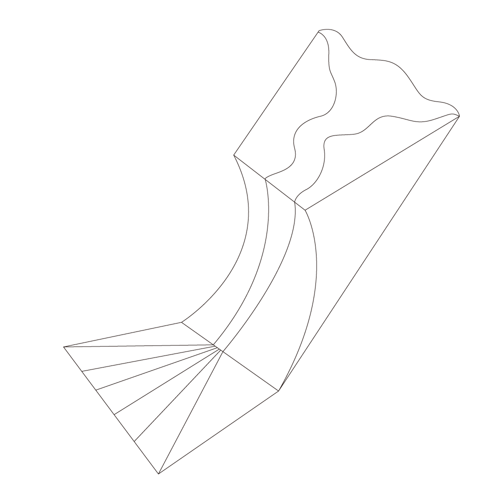 A section cut reveals three distinct but connected segments: the first is a straight cut of a straight grain, the second is a curved cut of a curved grain, and the third is a straight cut on a curved grain.