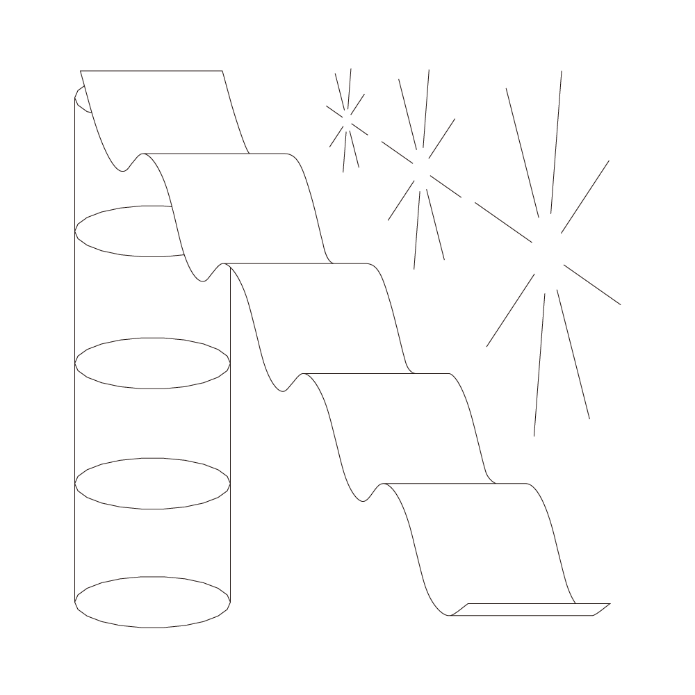 5 vertically floating rings form a column. A wide ribbon ripples down from the top of the column, and three starbursts follow its path.