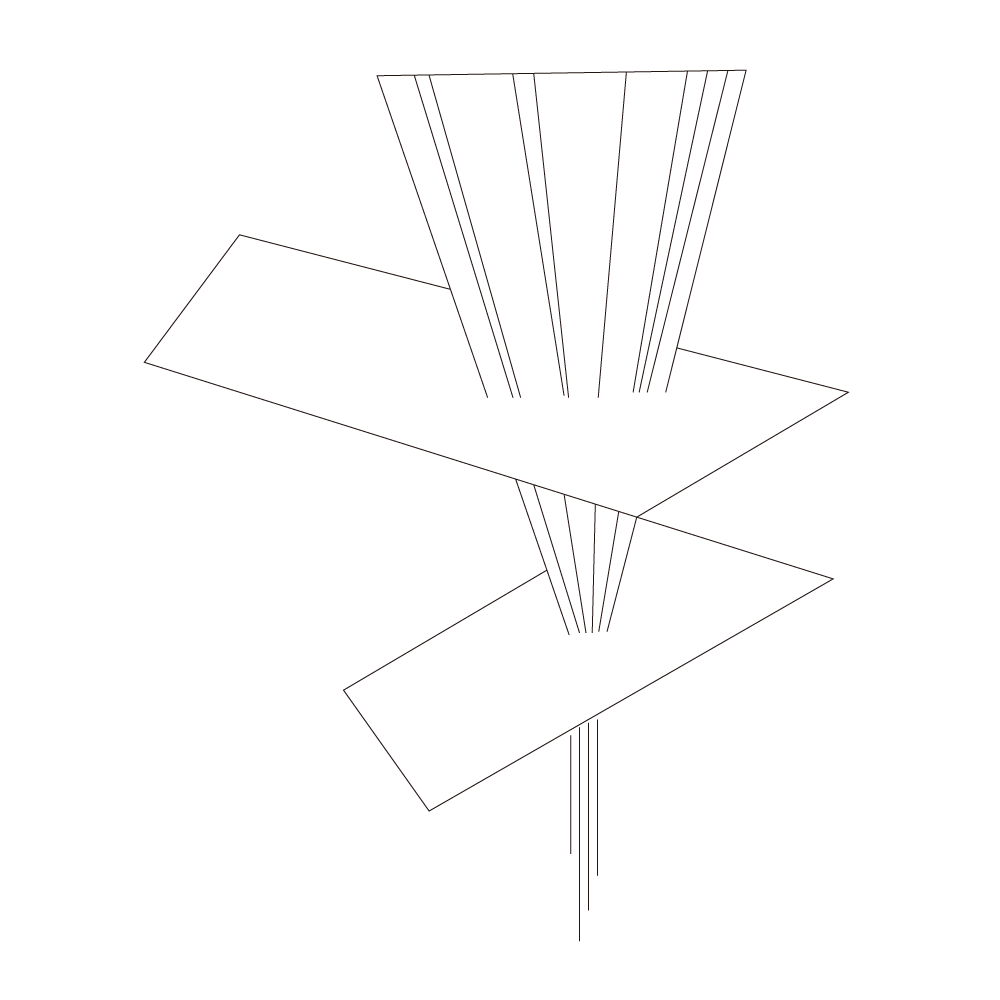 Beams of light in the formation of an upside-down triangle pierce through the surface of 2 horizontally floating trapezoids.